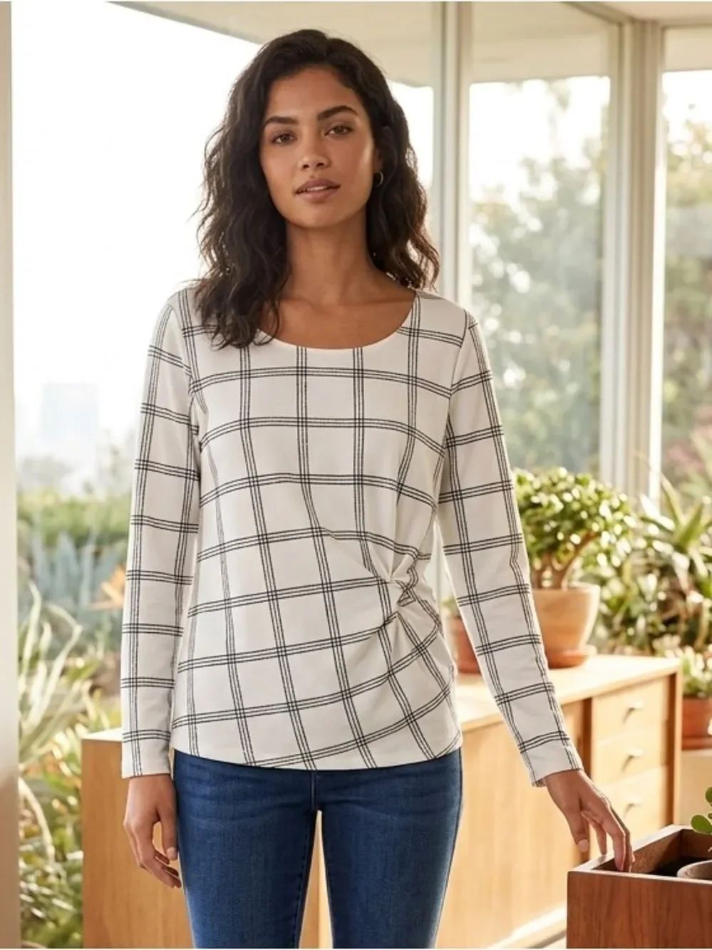 Take 50% OFF- AUW White Plaid Twist-Front Long Sleeve Top, Size-L